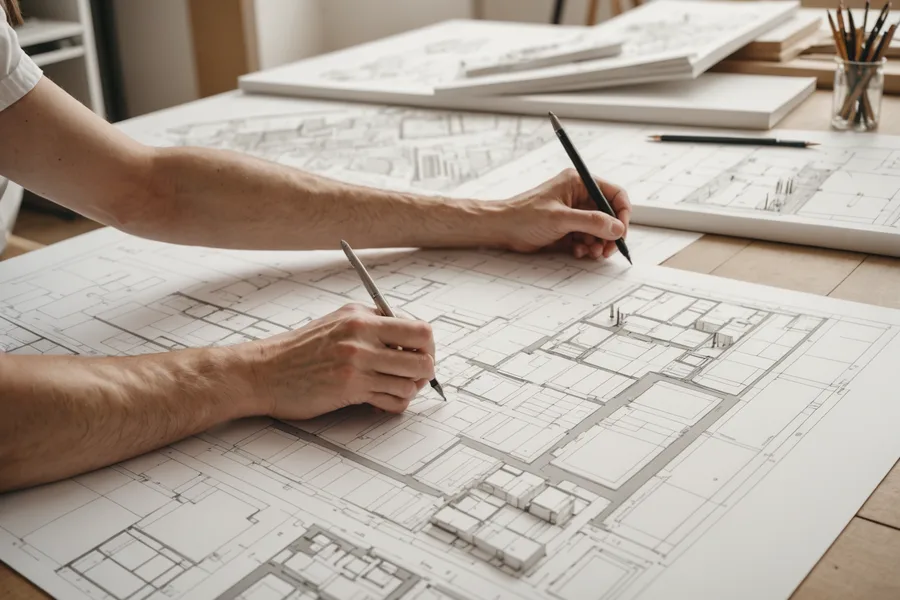 Architect reviewing architectural plans at a drafting table